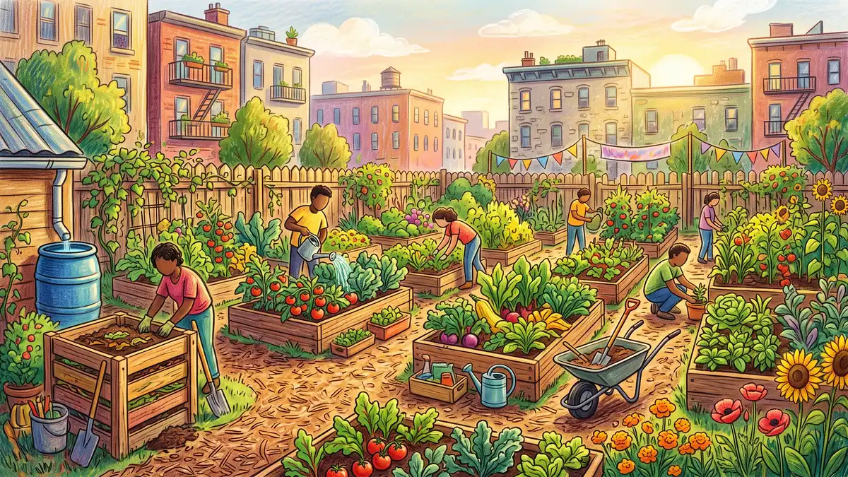 Pencil illustration of a thriving urban community garden on a reclaimed city lot with raised beds, a compost bin, and a rain barrel
