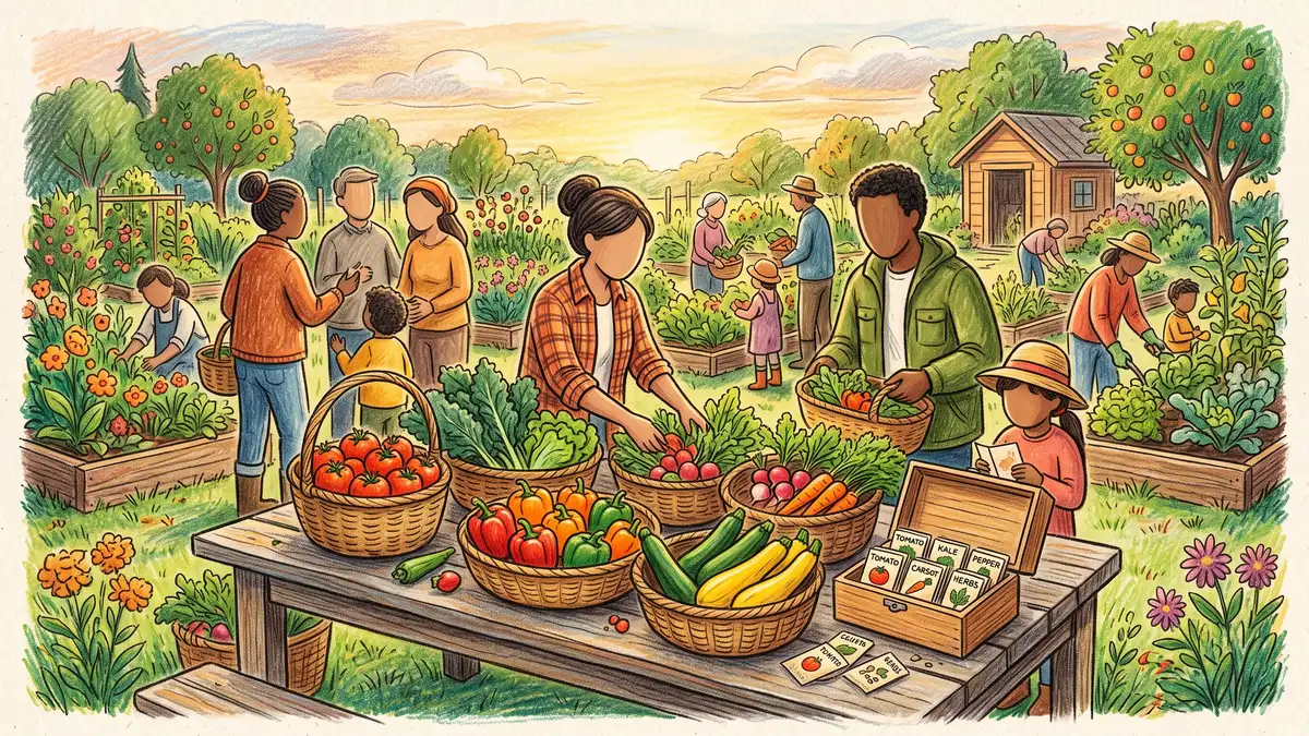 Pencil illustration of a shared community harvest table with baskets of vegetables and an open seed-sharing box ready to share with neighbors