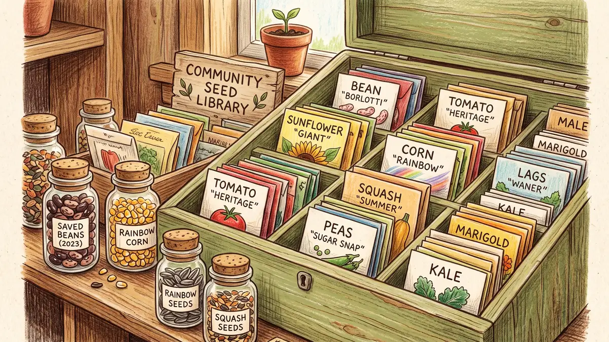 Pencil illustration of a community seed library box full of labeled seed envelopes and jars of colorful saved beans, corn, and squash seeds