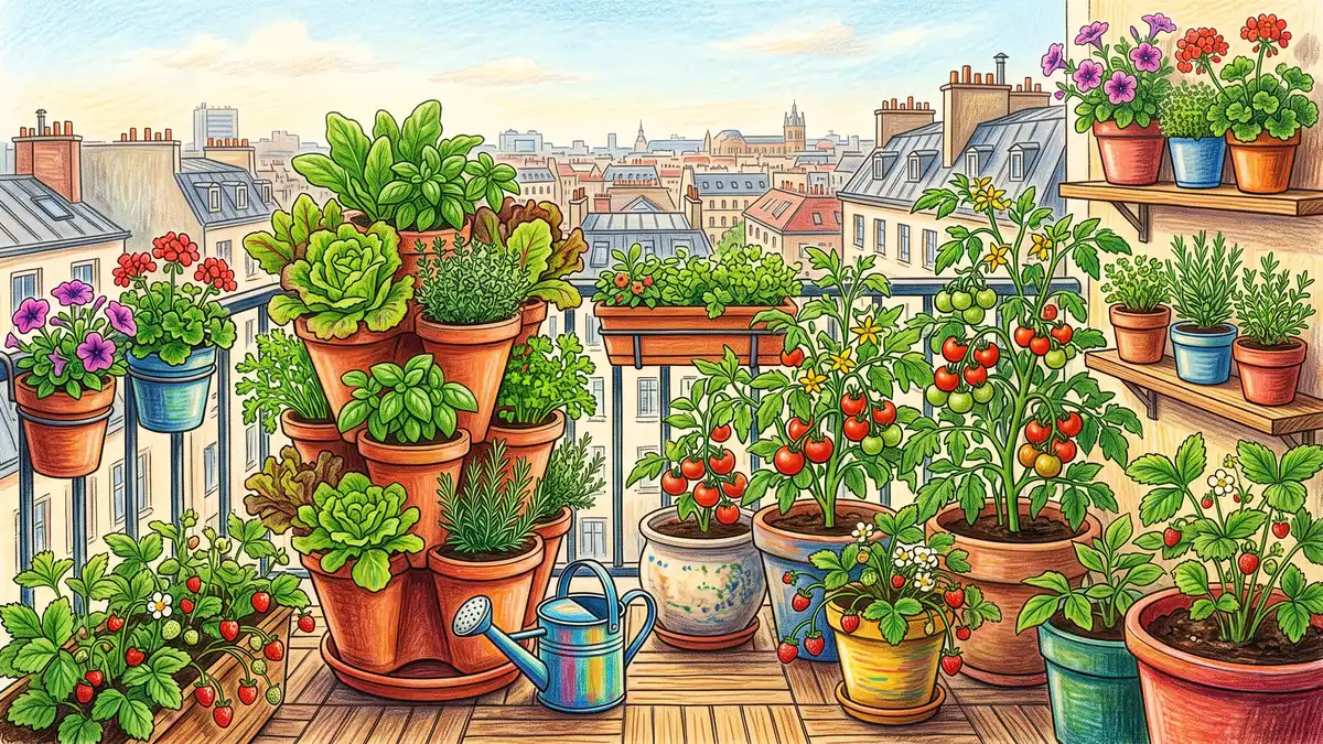 Pencil illustration of an apartment balcony with container pots and a vertical planter full of lettuce, herbs, cherry tomatoes, and strawberries