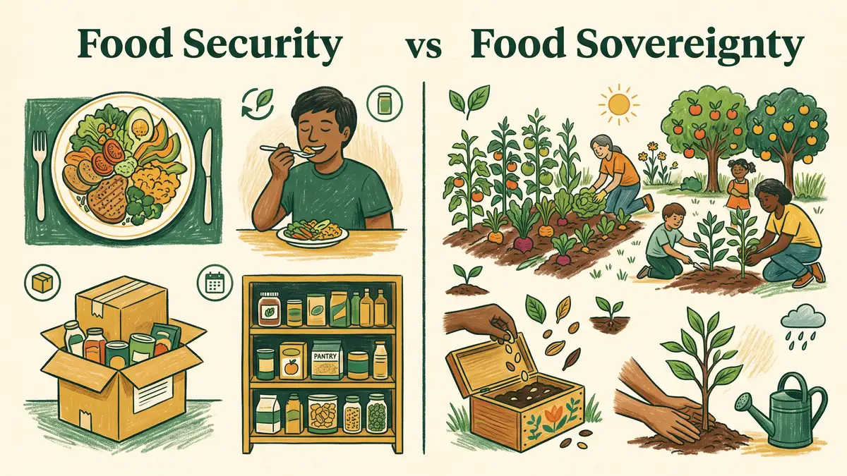 Diagram contrasting food security (access to enough food) with food sovereignty (local control over seeds, land, and ecological growing methods)