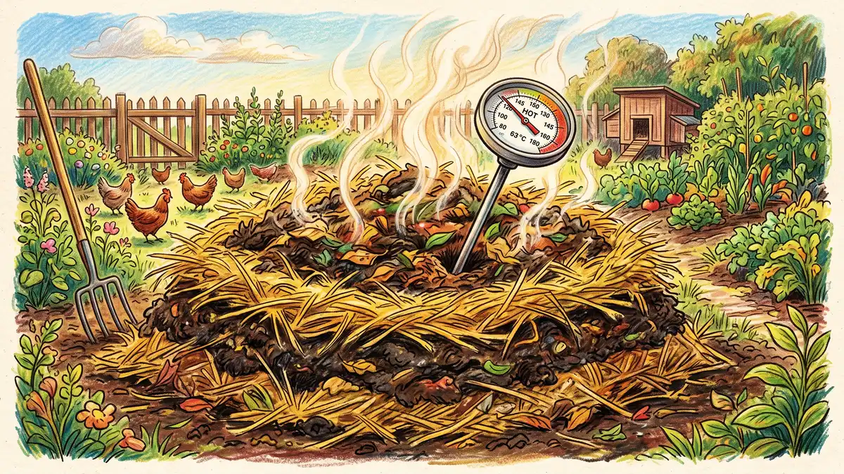 Pencil illustration of a steaming hot compost pile layered with dark chicken manure and golden straw with a compost thermometer inserted