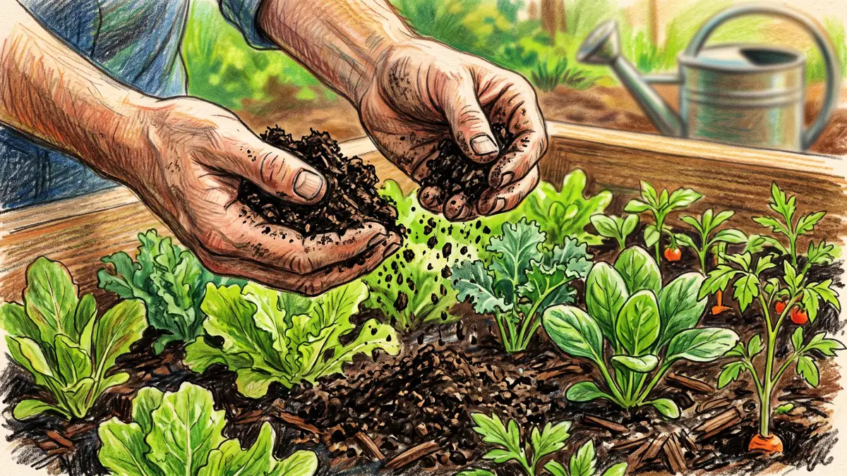 Pencil illustration of hands crumbling finished dark compost into a raised bed of healthy leafy greens
