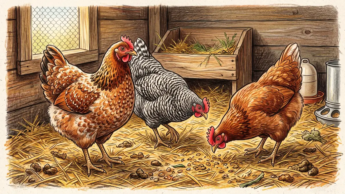 Pencil illustration of healthy brown and white hens standing on golden straw bedding inside a backyard chicken coop