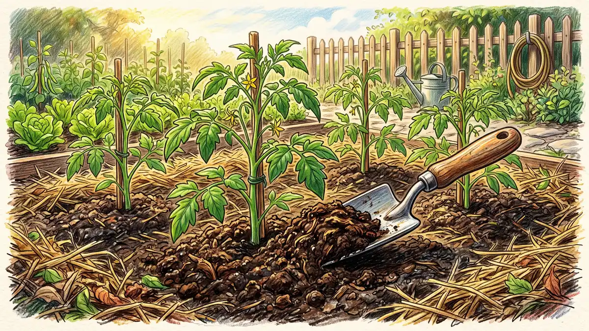 Pencil illustration of a trowel spreading dark composted manure around the base of young tomato plants in a vegetable bed