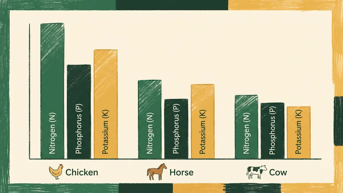 Bar chart comparing the nitrogen, phosphorus, and potassium content of chicken, horse, and cow manure, with chicken manure highest in nitrogen