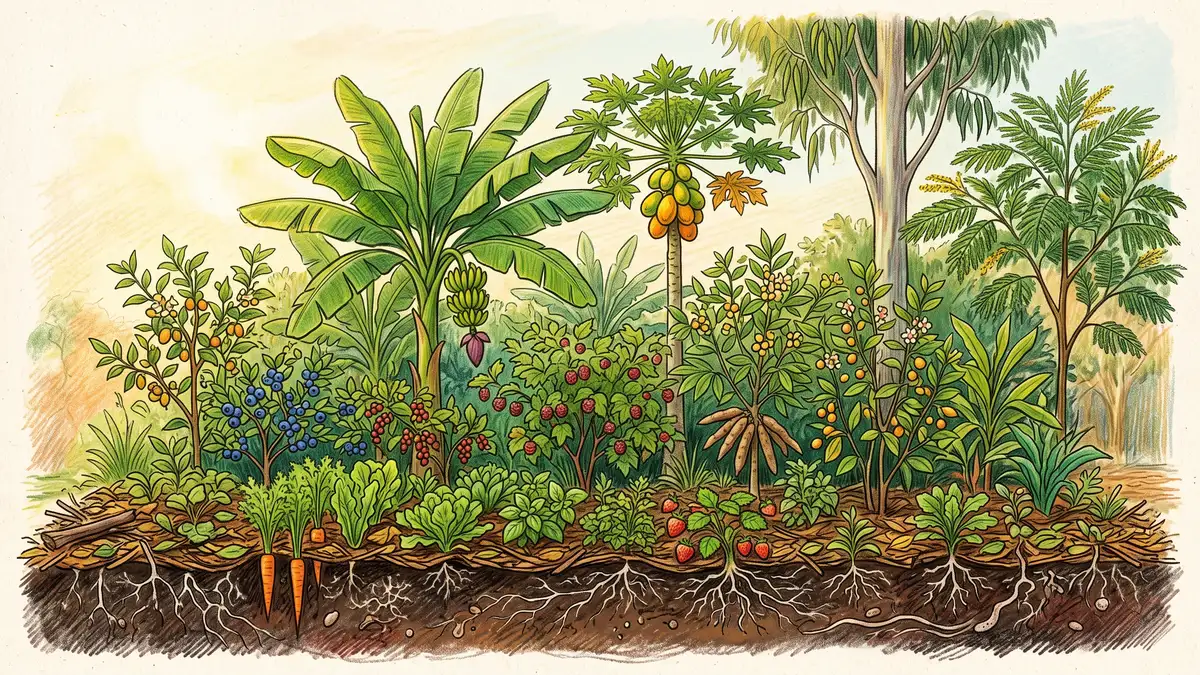 Cross-section of a syntropic planting row showing emergent pioneer trees, banana and papaya in the high layer, shrubs in the medium layer, and vegetables at ground level