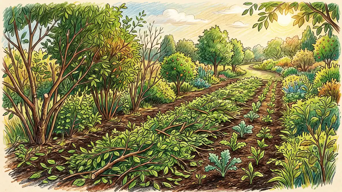 Chop-and-drop pruning in an agroforestry row with freshly cut green branches laid as thick mulch and young crops emerging beneath