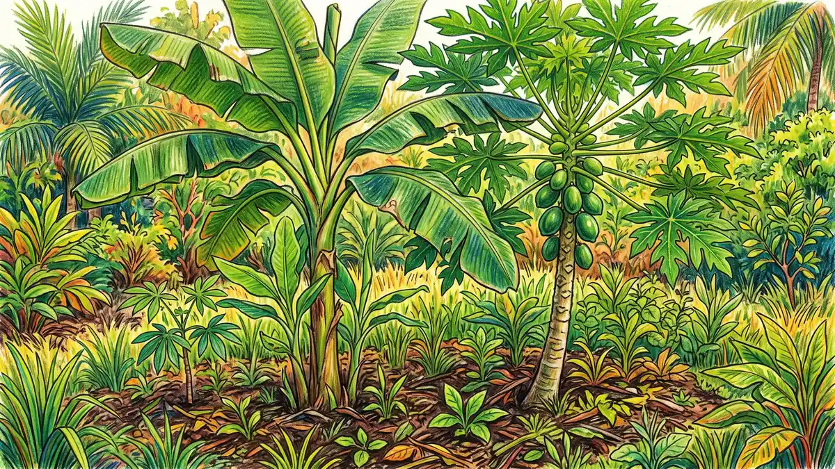Close-up of a healthy banana plant and a young papaya tree with green fruit growing densely together in a syntropic row