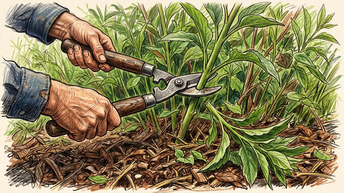 Close-up of hands using pruning loppers to cut back a leafy biomass plant, with cut branches falling onto a mulch layer along the row