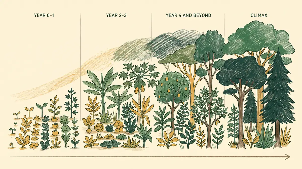Timeline diagram of syntropic agroforestry succession from year 0-1 pioneers through year 2-3 transition to secondary trees and climax forest