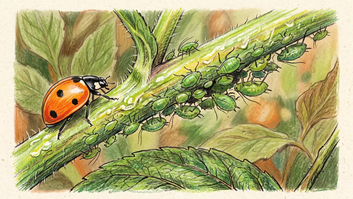 Pencil-crayon close-up of green aphids clustered on the underside of a plant stem with sticky honeydew and a ladybug approaching to feed