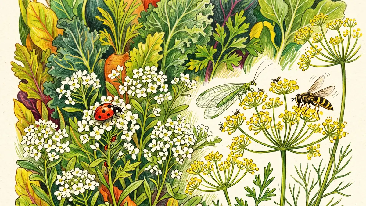 Pencil-crayon garden scene showing a ladybug, green lacewing, and hoverfly among white sweet alyssum and yellow dill flowers above vegetable foliage