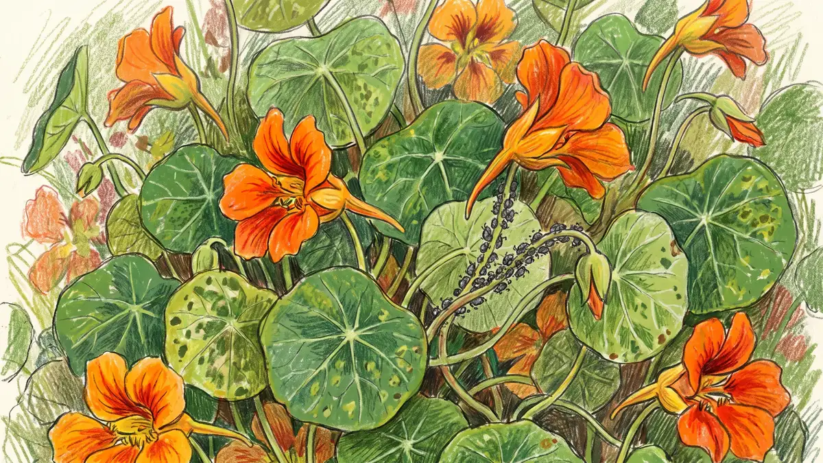 Pencil-crayon illustration of bright orange nasturtium flowers and round leaves acting as a trap crop with dark aphids clustered on a stem