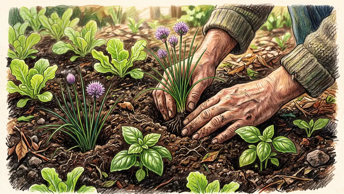 Pencil-crayon close-up of a gardener's hands planting purple-flowering chives and basil between young lettuce seedlings in dark soil