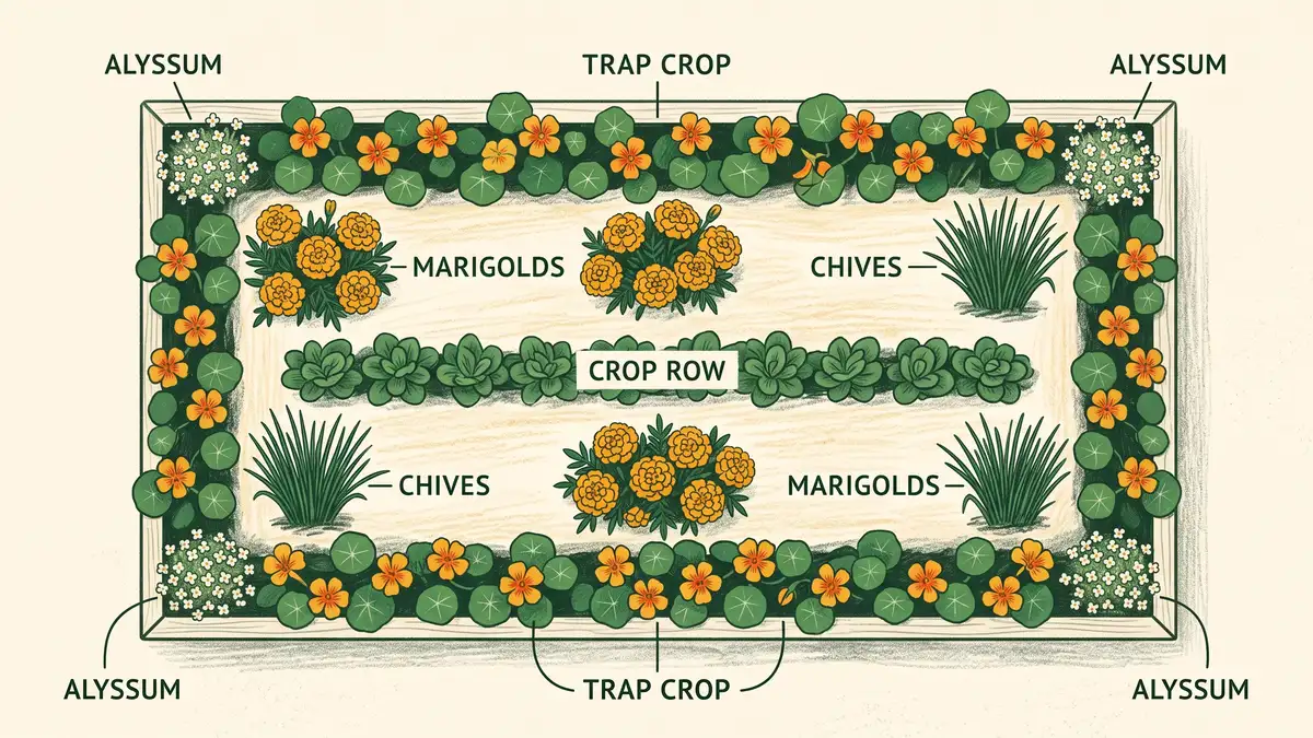Pencil-crayon infographic of an aphid-resistant garden bed layout with a nasturtium trap-crop border, marigolds and chives, alyssum corners, and a central crop row