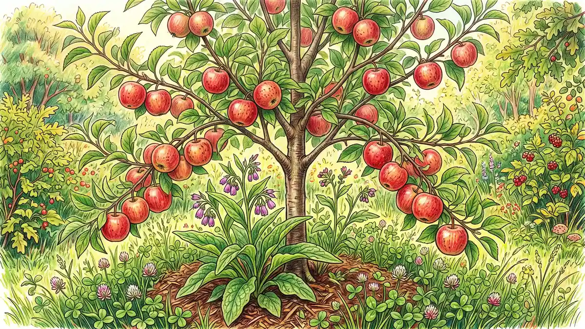 Pencil-crayon close-up of a young semi-dwarf apple tree carrying its first crop of red apples with comfrey and clover growing as living mulch around its base