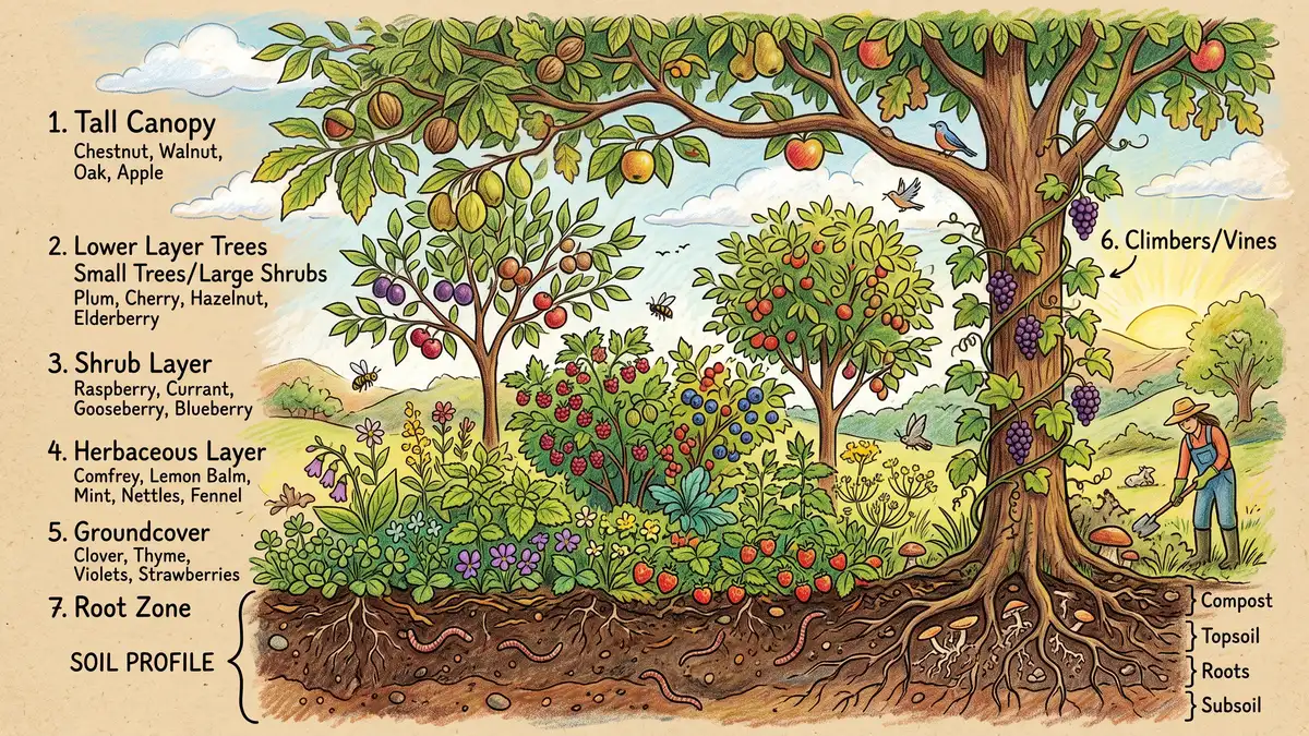 Pencil-crayon cross-section of a maturing food forest showing canopy fruit trees, small trees, a berry shrub layer, herbaceous plants, groundcover, and a climbing vine