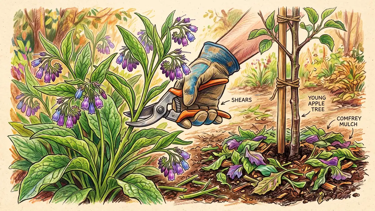 Pencil-crayon close-up of a large purple-flowered comfrey plant being cut back with shears and laid as chop-and-drop mulch around a young fruit tree
