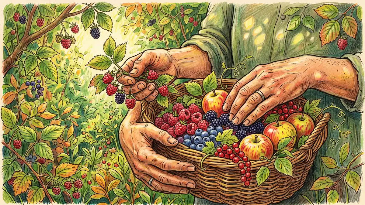 Pencil-crayon close-up of a gardener's hands harvesting a basket of mixed berries and small apples in a leafy food forest with dappled sunlight