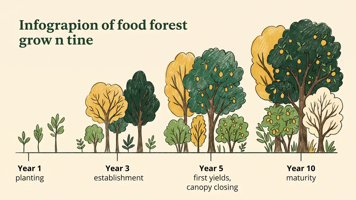 Pencil-crayon infographic timeline of a food forest maturing from year 1 planting through year 3 establishment and year 5 first yields to year 10 maturity