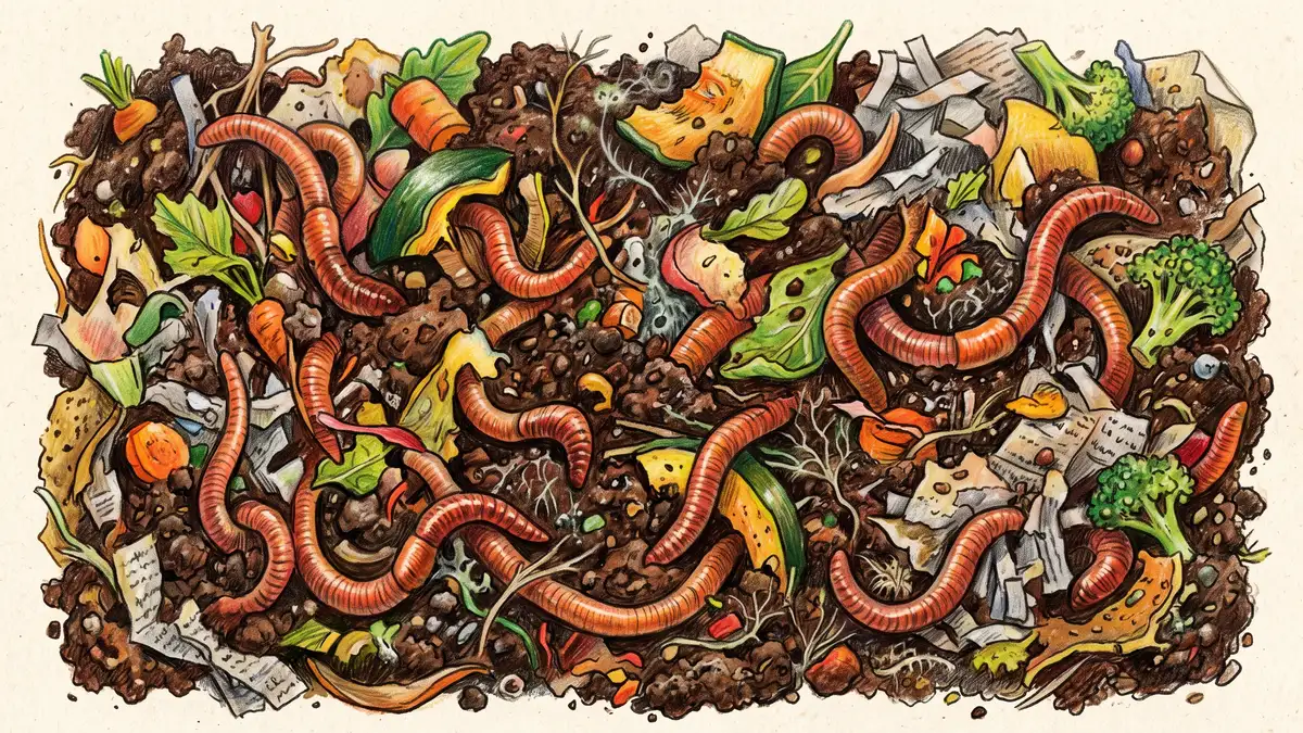 Pencil-crayon close-up of red wiggler composting worms winding through dark crumbly castings with bits of vegetable scraps and shredded newspaper