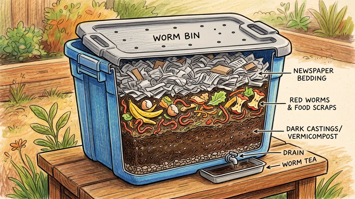 Pencil-crayon cutaway of a homemade worm bin made from a plastic tote showing shredded paper bedding, worms and food scraps, and dark castings below with an air-hole lid