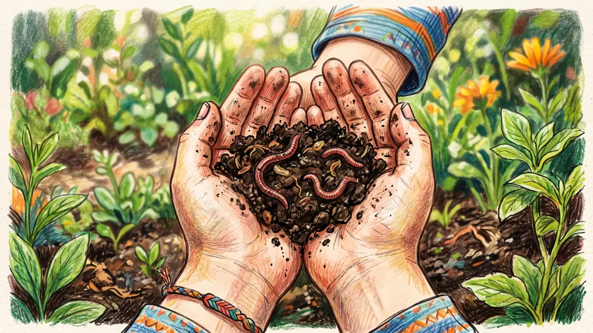 Pencil-crayon close-up of a child's cupped hands gently holding dark worm castings with a couple of red wiggler worms in soft daylight