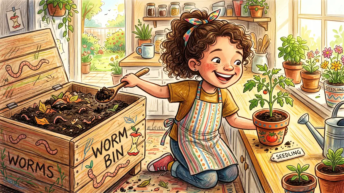 Pencil-crayon illustration of a smiling child spooning finished dark worm castings from a bin into a small pot with a young seedling