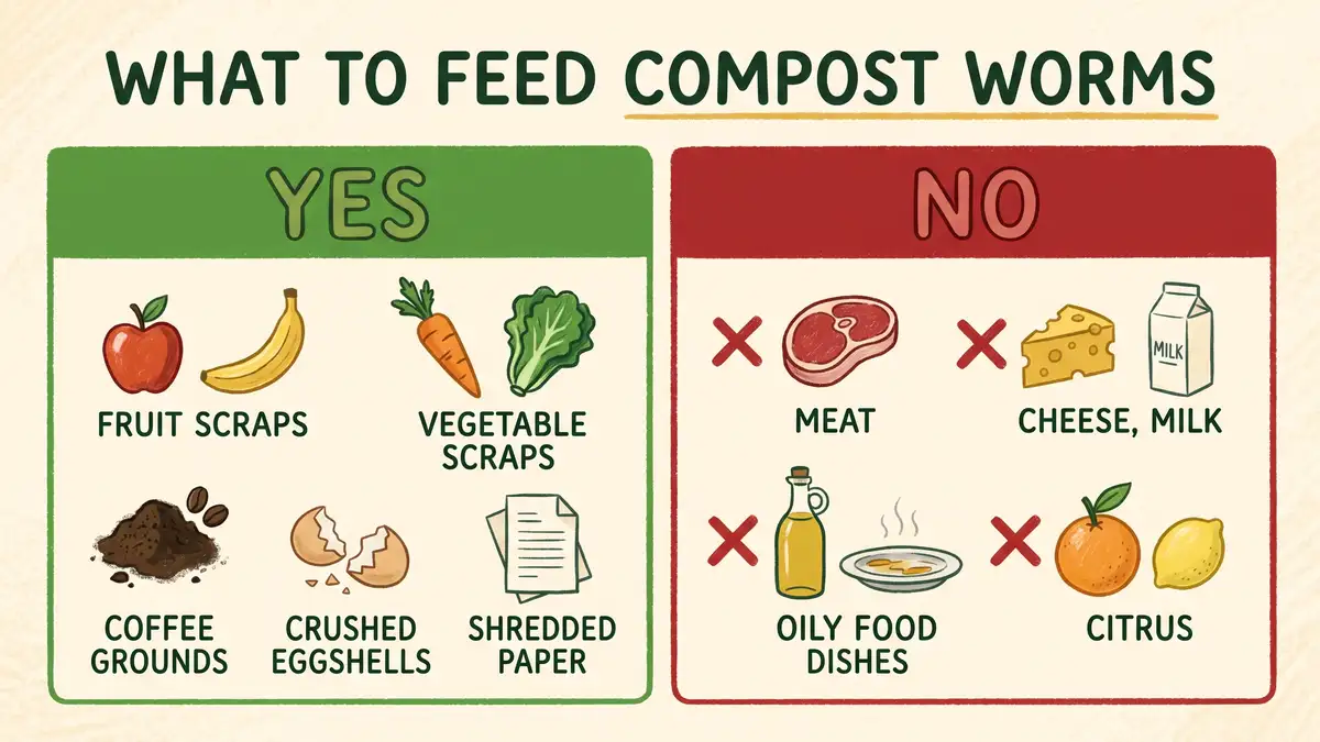Pencil-crayon infographic with a green YES column of fruit and vegetable scraps, coffee grounds, eggshells, and paper, and a red NO column of meat, dairy, oily food, and citrus