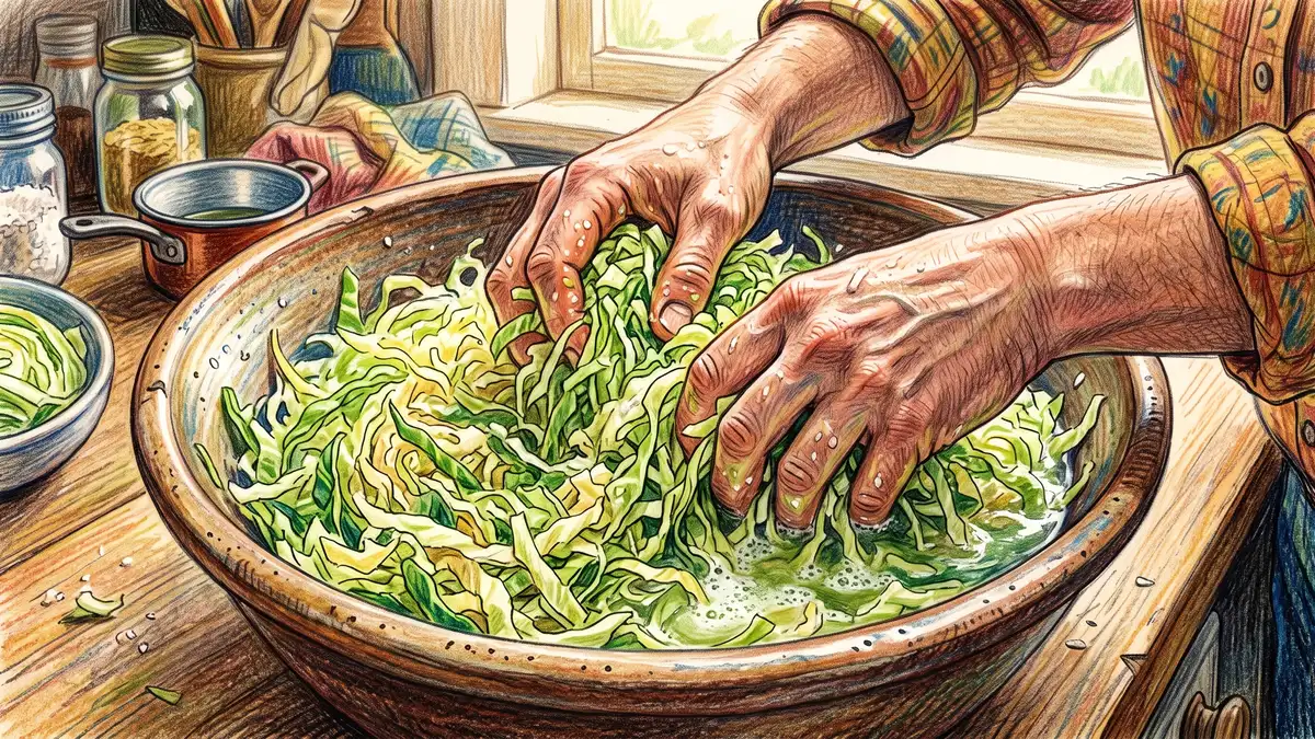 Pencil-crayon close-up of two hands massaging finely shredded green cabbage with salt in a ceramic bowl, brine beginning to form