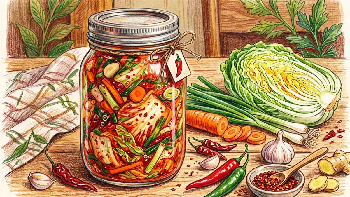 Pencil-crayon close-up of a glass jar packed with vibrant red kimchi made from napa cabbage, carrot, scallion, and chili flakes
