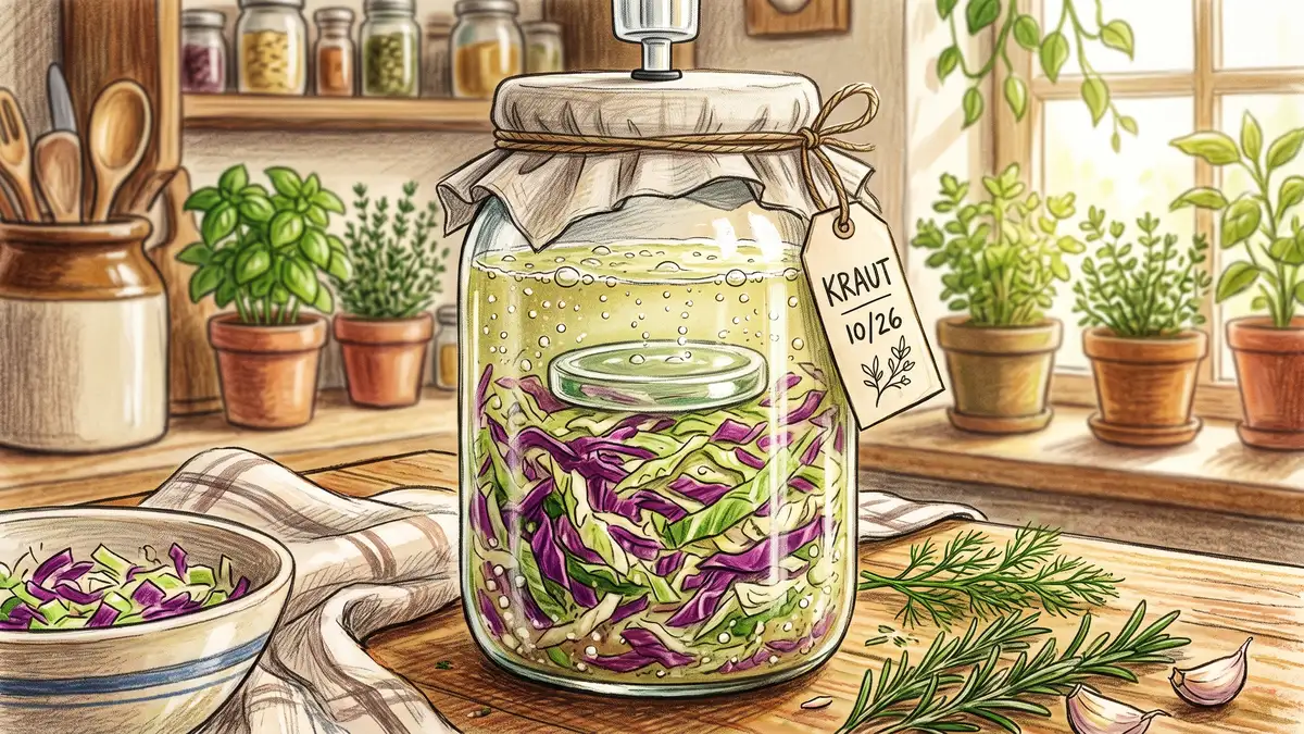 Pencil-crayon close-up of a glass fermentation jar with cabbage submerged under cloudy brine, small bubbles rising, and a glass weight holding it down
