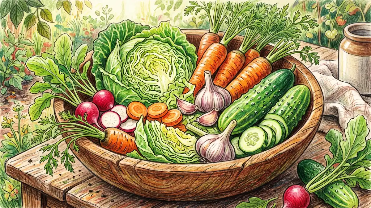 Pencil-crayon close-up of a wooden bowl overflowing with freshly harvested cabbage, carrots, radishes, cucumbers, and garlic ready to ferment