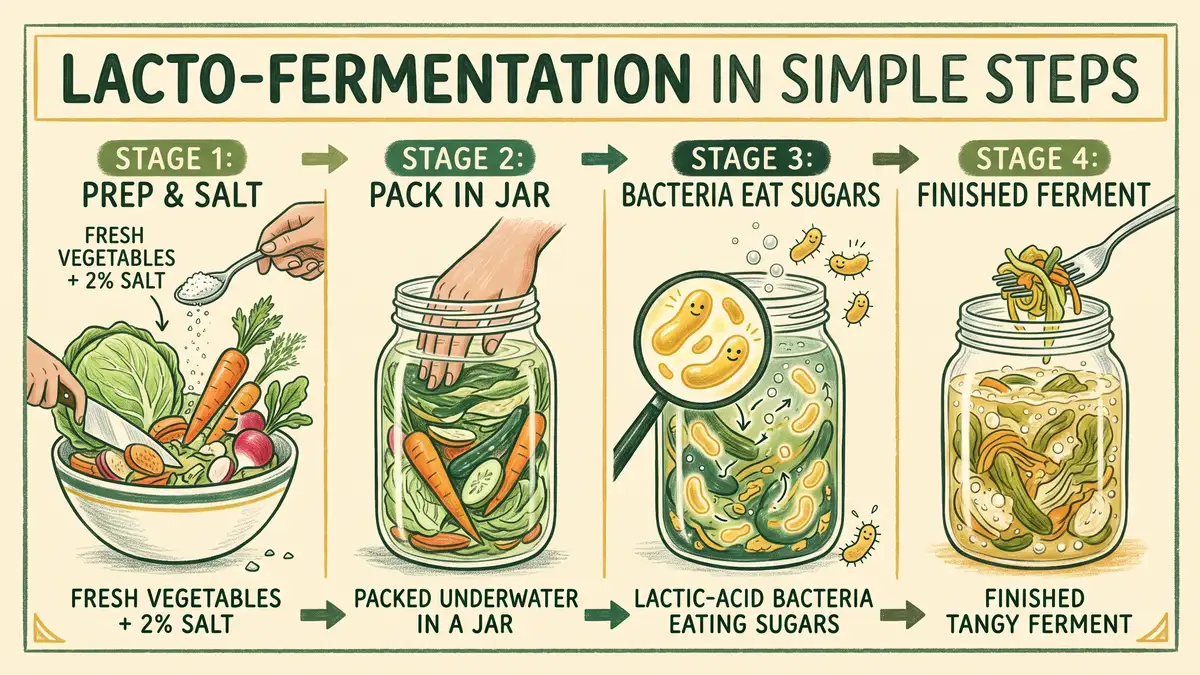 Pencil-crayon infographic showing the four stages of lacto-fermentation: fresh vegetables plus 2 percent salt, packed underwater, bacteria eating sugars, and a finished tangy ferment