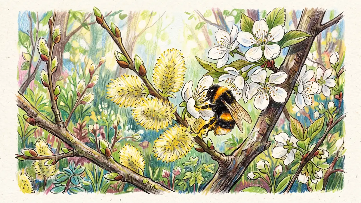 Pencil-crayon close-up of early spring bloom: fluffy yellow willow catkins and white fruit-tree blossom with a fuzzy bumblebee queen feeding