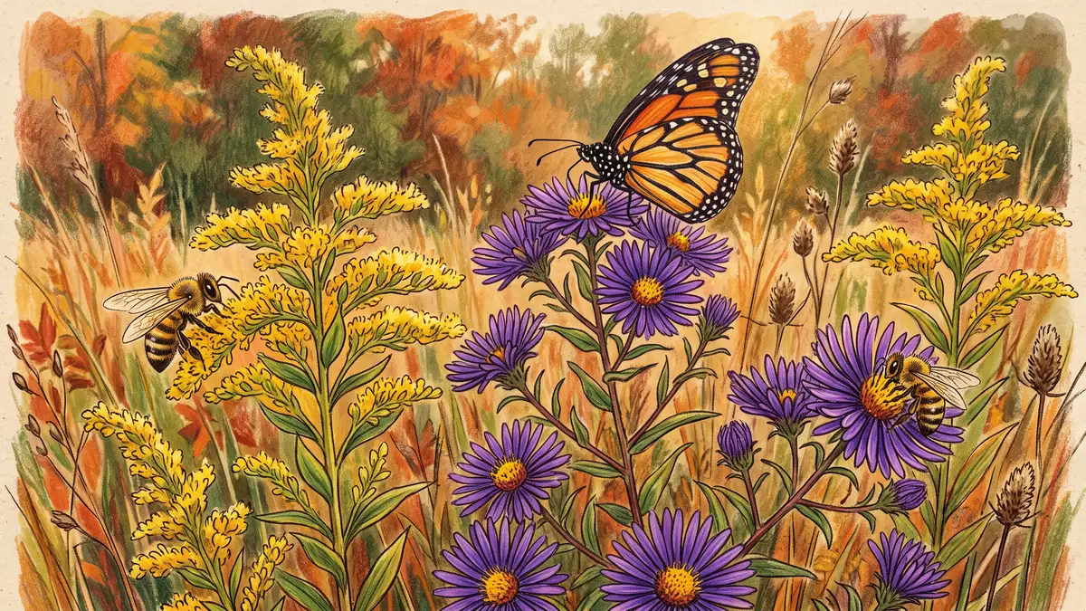 Pencil-crayon close-up of late-season goldenrod and purple asters with honeybees and a butterfly feeding in warm autumn light