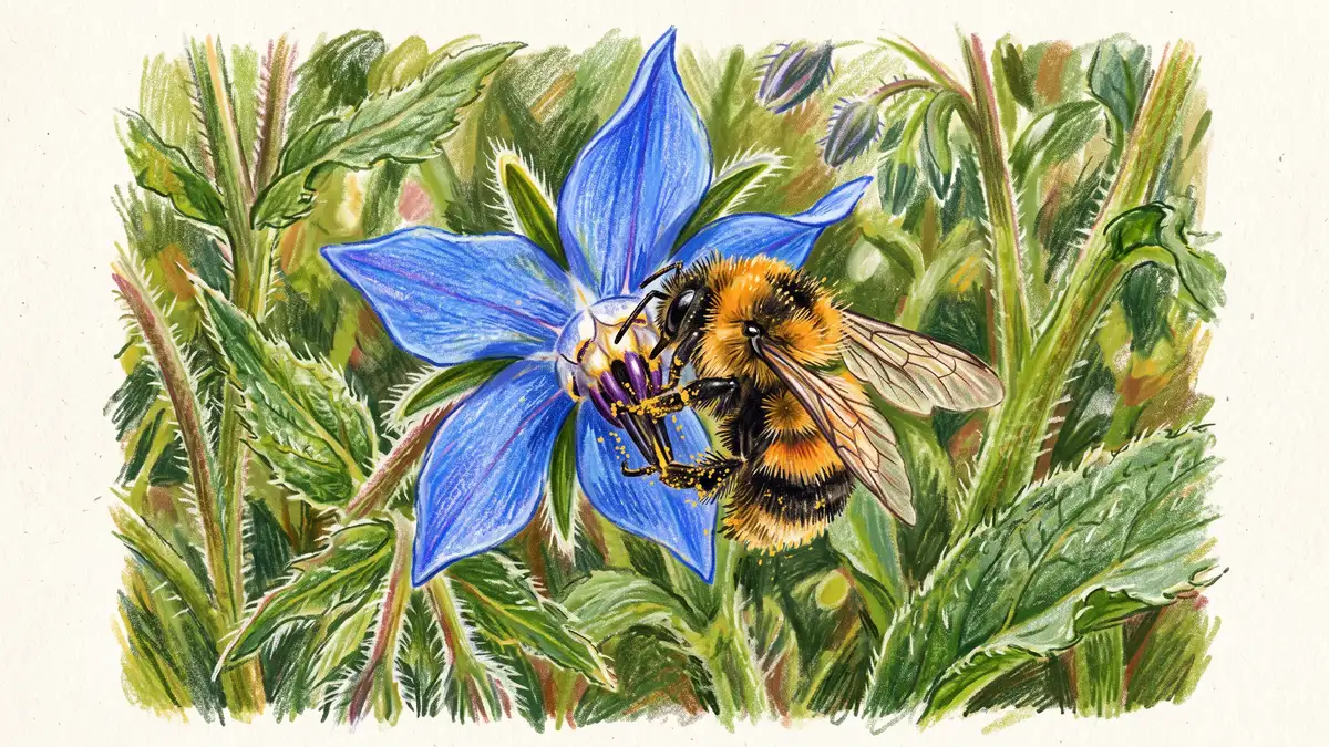 Pencil-crayon close-up of a fuzzy native bee feeding on a bright blue star-shaped borage flower dusted with pollen