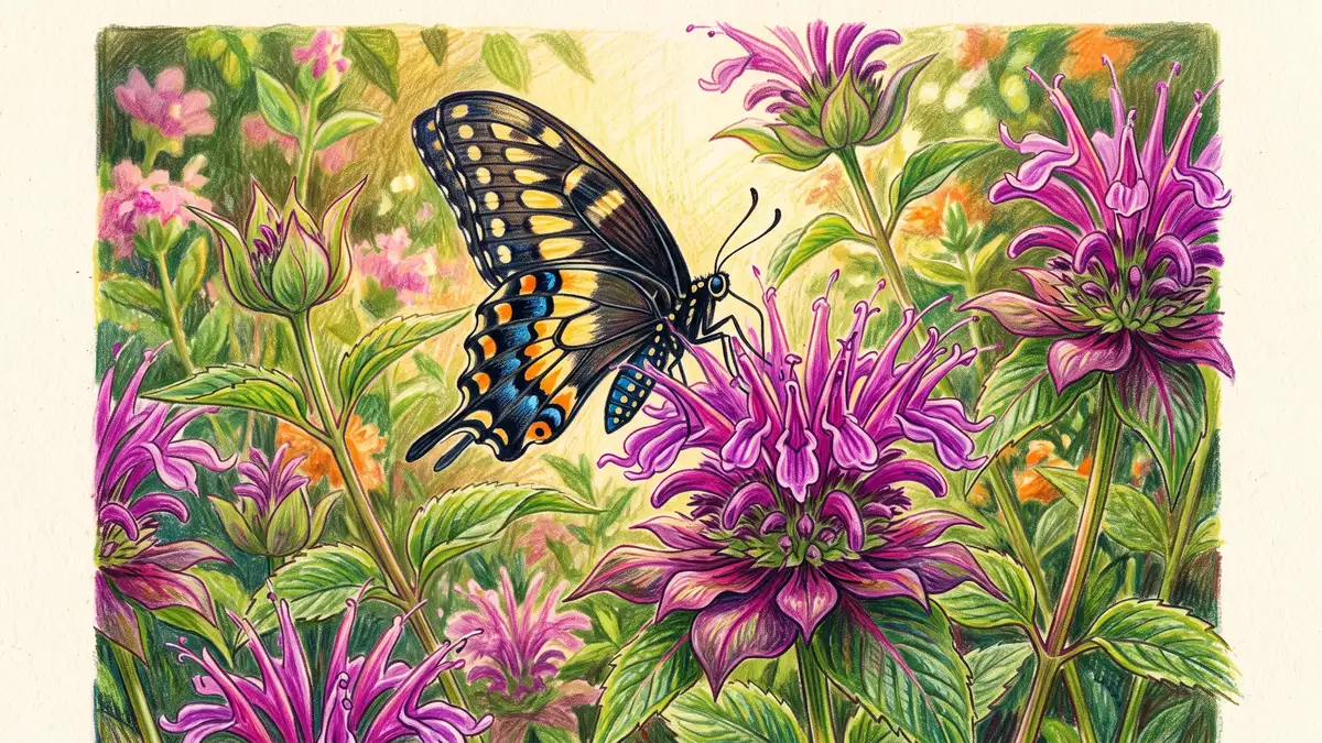 Pencil-crayon close-up of a swallowtail butterfly resting on a purple bee balm flower in a summer food forest