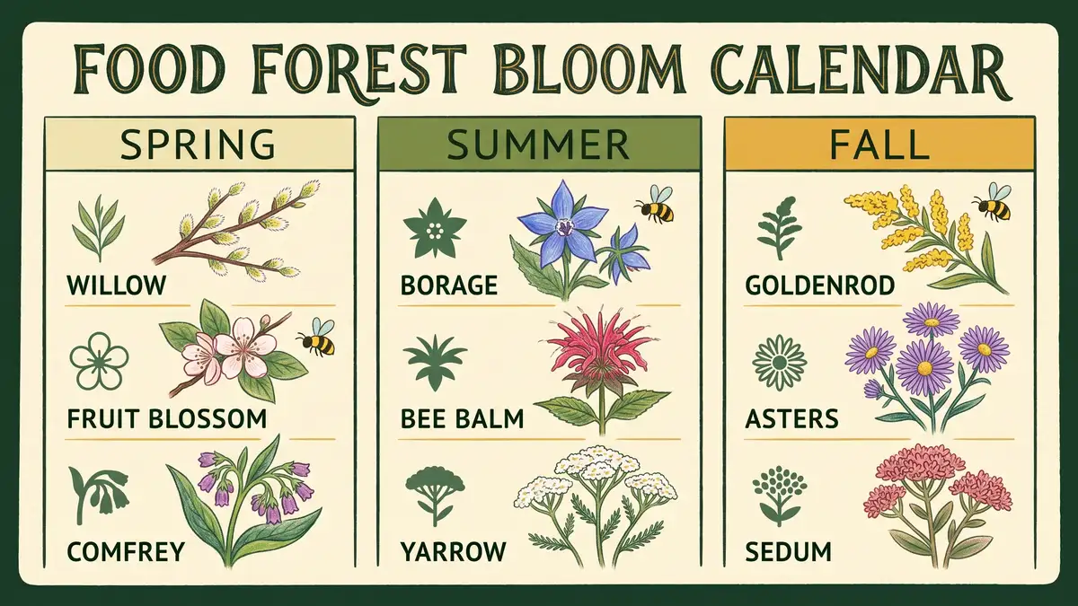 Pencil-crayon bloom-calendar infographic showing spring, summer, and fall pollinator plants for a food forest in three labeled columns