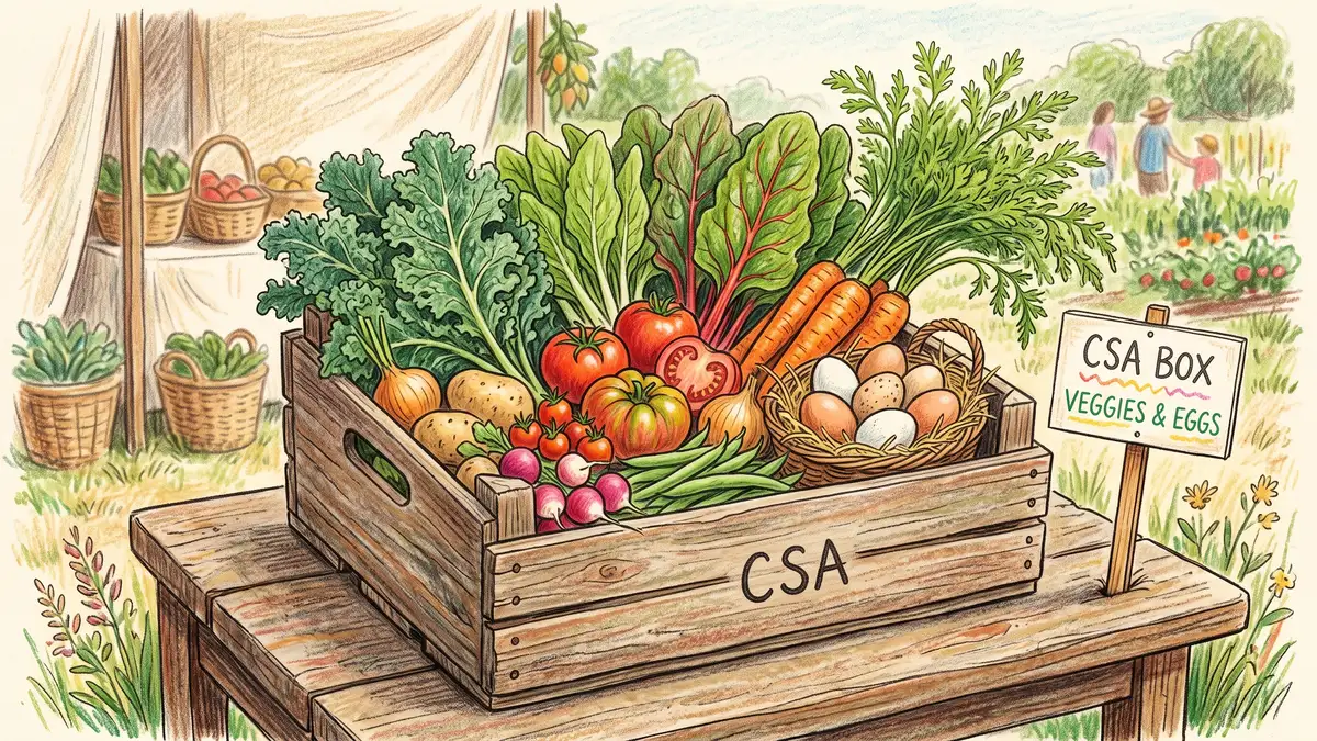Pencil-crayon close-up of a wooden CSA vegetable box brimming with produce and eggs on a farm stand table with a hand-lettered price sign