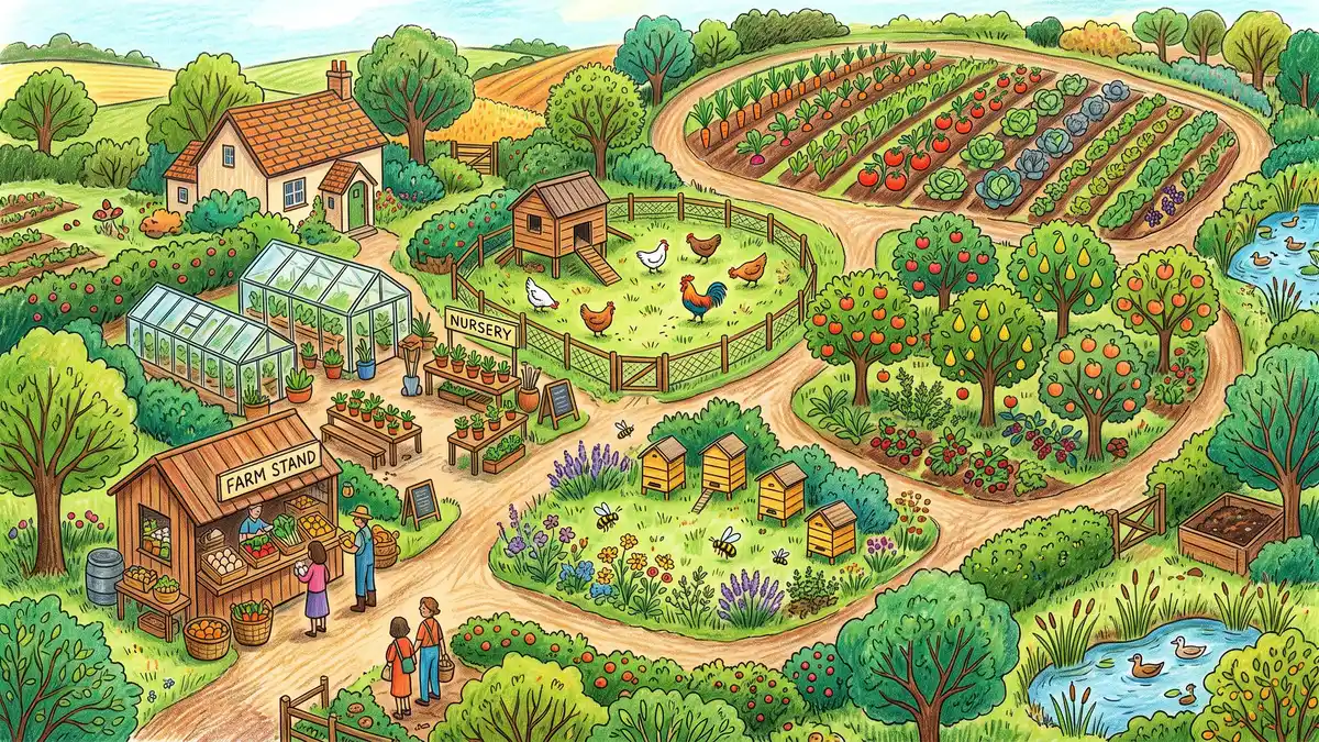 Pencil-crayon aerial view of a small diversified permaculture farm with vegetable rows, fruit trees, chickens, beehives, a plant nursery, and a farm stand