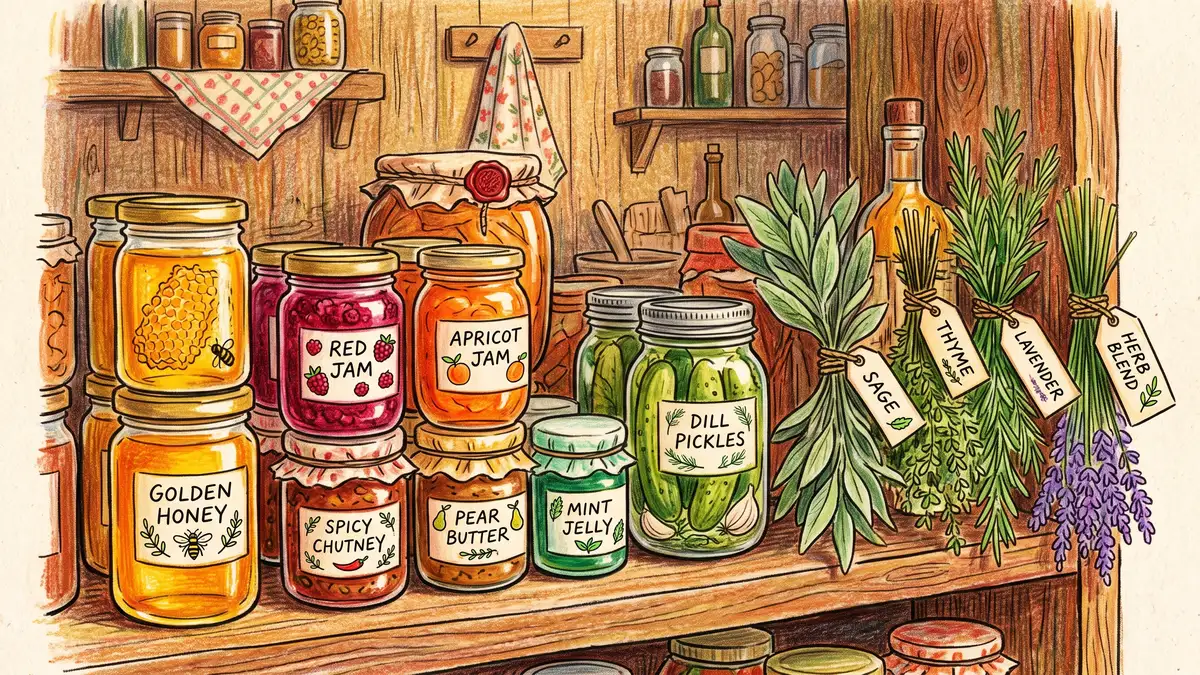 Pencil-crayon shelf of value-added homestead products for sale: jars of honey, jam, pickles, and bundles of dried herbs with hand-written labels