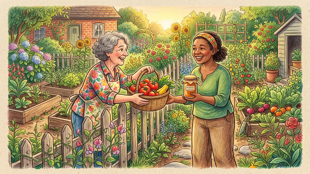 Pencil-crayon scene of two neighbors trading garden produce over a low fence, one offering tomatoes and the other a jar of preserves