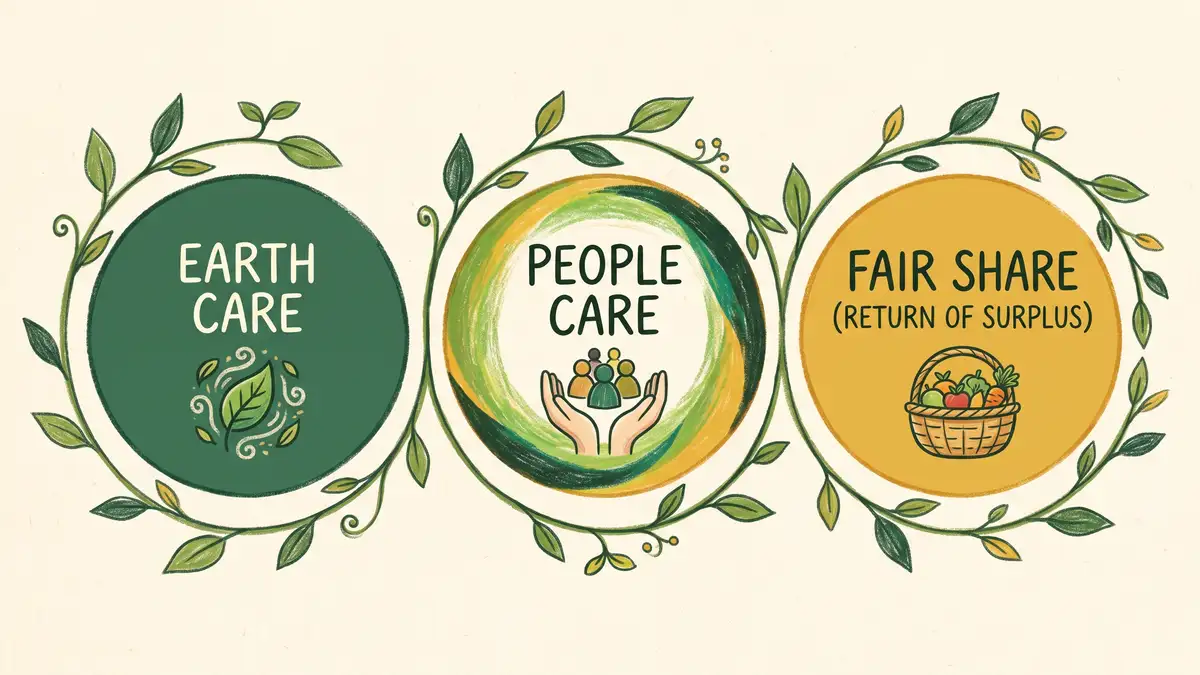 Pencil-crayon infographic of the three permaculture ethics as labeled circles: Earth Care, People Care, and Fair Share (return of surplus)