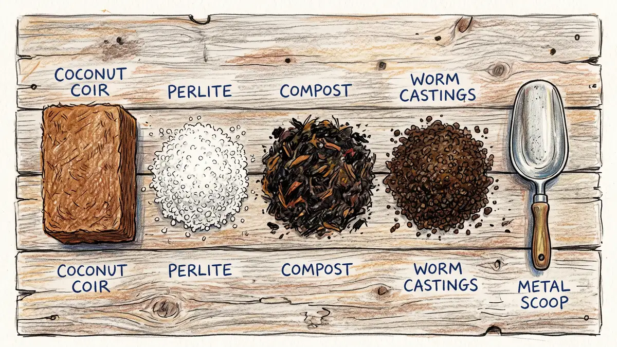 Pencil-crayon overhead view of DIY potting mix ingredients on a wooden table: coconut coir block, white perlite, dark compost, worm castings, and a metal scoop