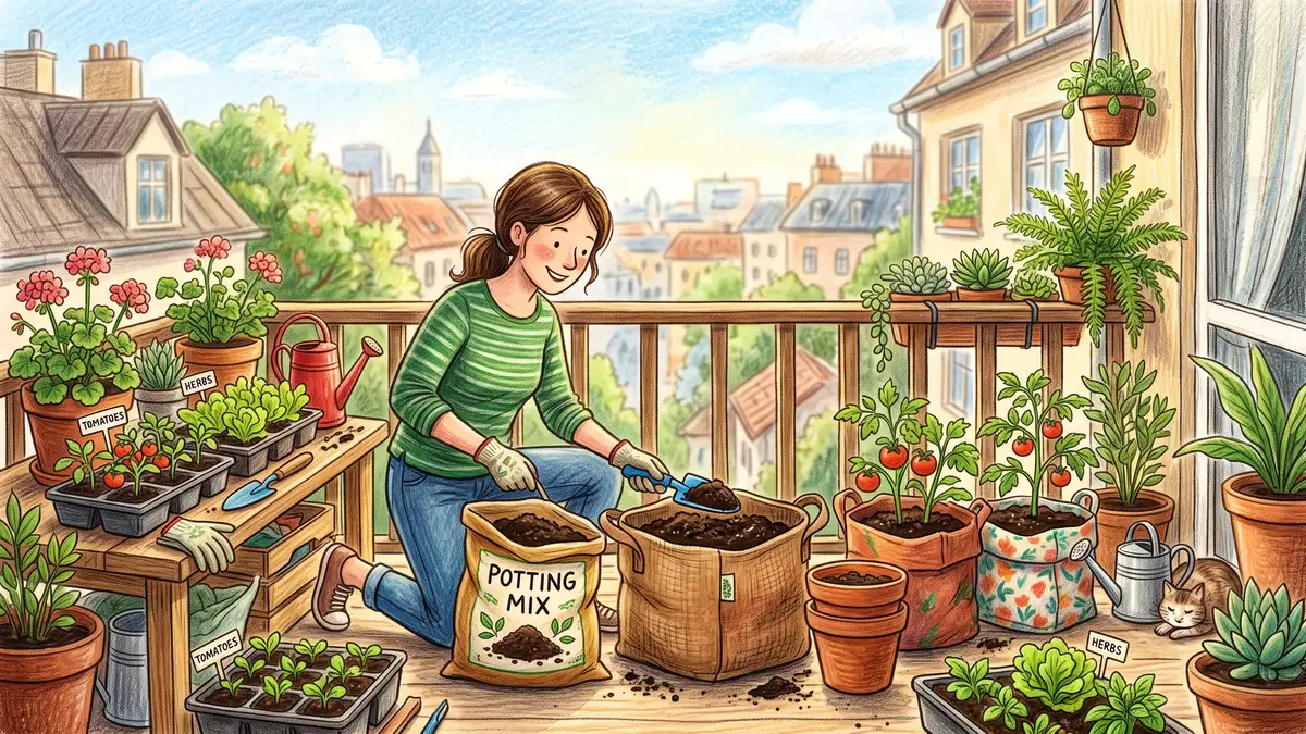 Pencil-crayon scene of a person filling terracotta and fabric grow bags with fresh potting mix on a sunny balcony with seedling trays waiting