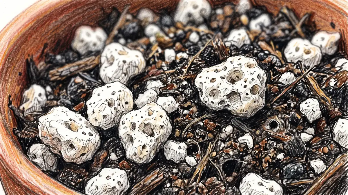 Pencil-crayon extreme close-up of white perlite granules mixed into dark moist potting soil showing porous texture and air pockets
