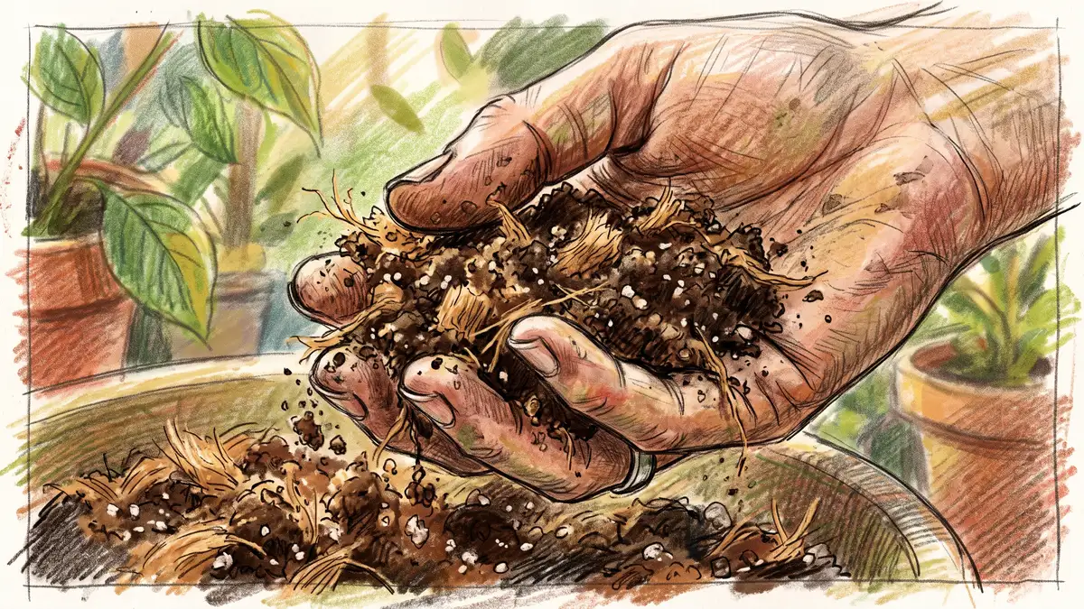 Pencil-crayon close-up of a hand crumbling a moist blend of coconut coir and dark compost showing light, crumbly, well-aerated texture
