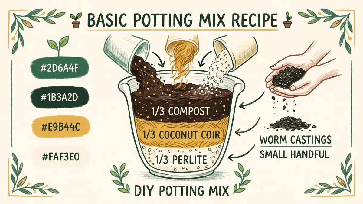 Pencil-crayon infographic of a basic container potting mix recipe: one-third compost, one-third coconut coir, one-third perlite, plus a handful of worm castings